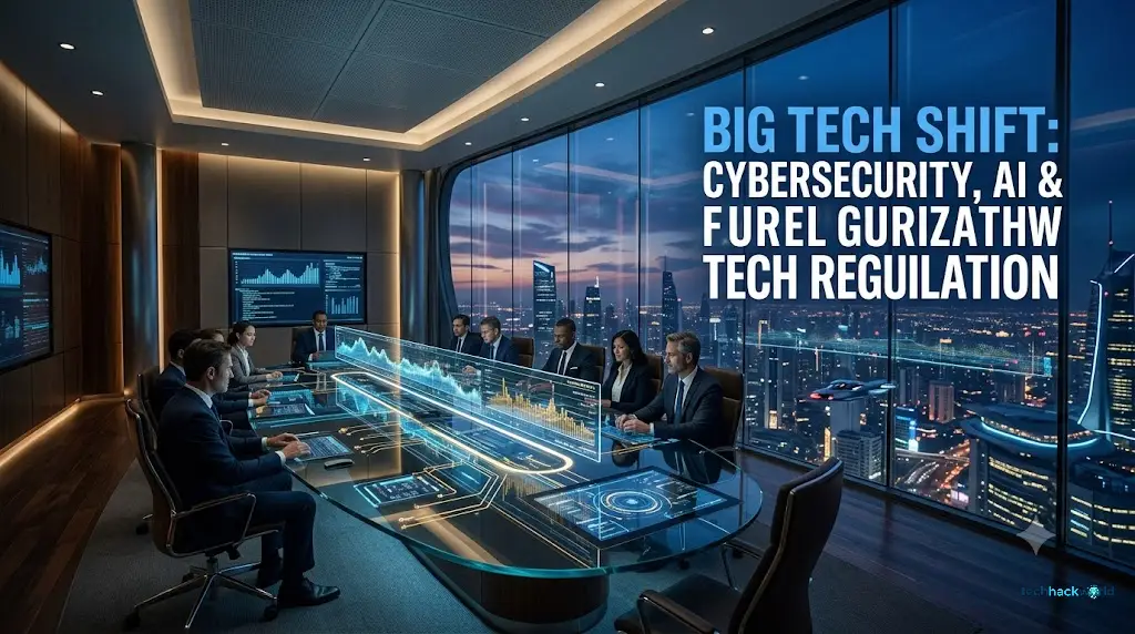 Cinematic ultra-wide view of a high-tech corporate boardroom overlooking a glowing futuristic metropolis at twilight with hovering data streams for big tech shifts.