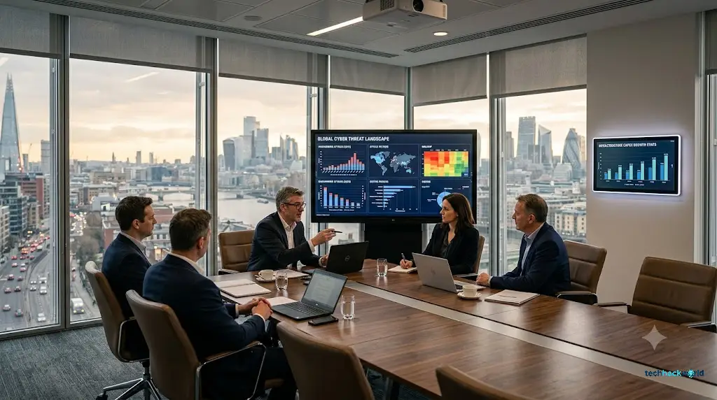 Executives in a modern corporate boardroom discussing cyber threat intelligence data displayed on interactive screens overlooking a city skyline.