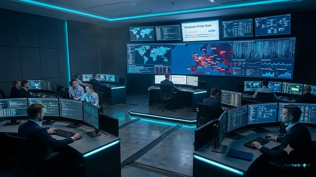 Ultra-realistic shot of a state-of-the-art cybersecurity operations center with multi-monitor displays showing live threat intelligence maps and encryption matrix feeds.