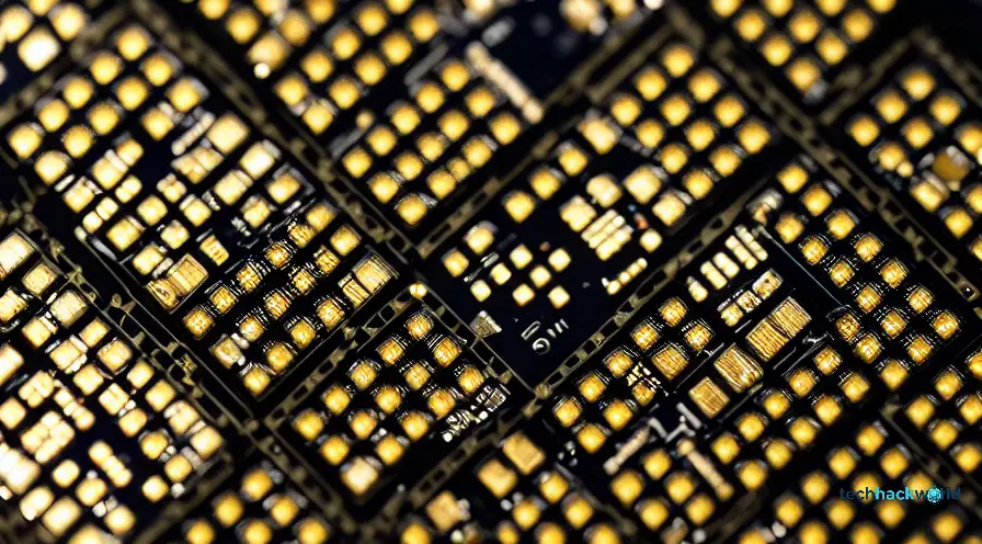 Close-up macro shot of a futuristic silicon microchip featuring shimmering optical photon pathways, translucent glass surfaces, and glowing blue neon data nodes.