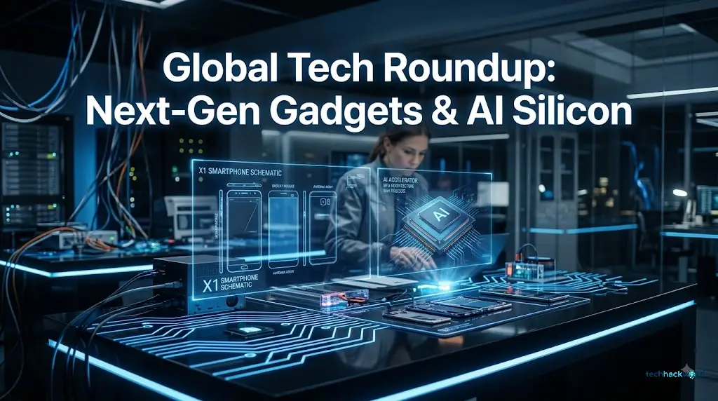 Cinematic wide-angle view of a futuristic tech lab with glowing blue neon circuits, holographic smartphone blueprints, and advanced silicon microchips.