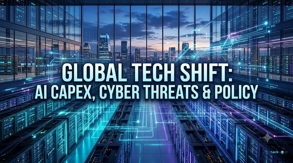 Cinematic wide-angle view of a modern server datacenter with glowing lights and network streams overlaying a corporate skyscraper skyline at dusk.