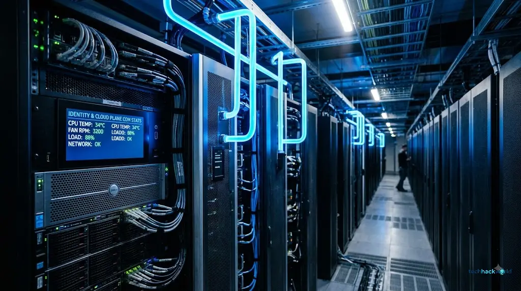 Close-up photograph of a high-security server hall inside an AI data center featuring glowing neon blue cooling pipes and brushed aluminum server racks.
