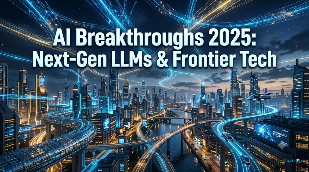 Cinematic wide-angle view of a futuristic digital metropolis in 2025 with glowing bioluminescent blue and gold neural network streams crossing overhead, representing next-gen LLM and frontier technology.