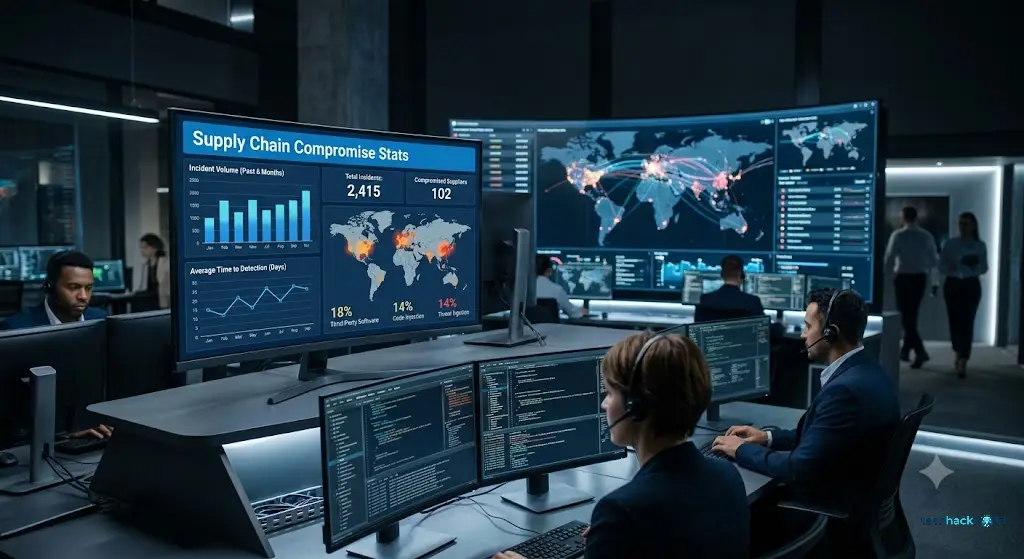 Ultra-realistic corporate cybersecurity operations center with glowing digital threat maps on large monitors in a modern dark office.