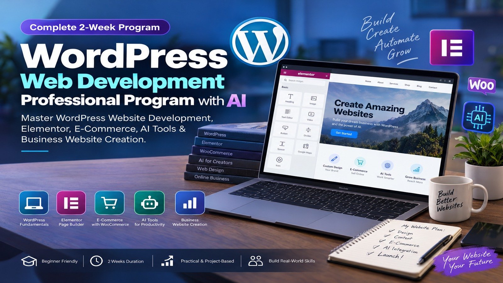 WordPress Web Development Professional Program with AI featuring WordPress, Elementor, WooCommerce, AI tools, and a website-building workspace