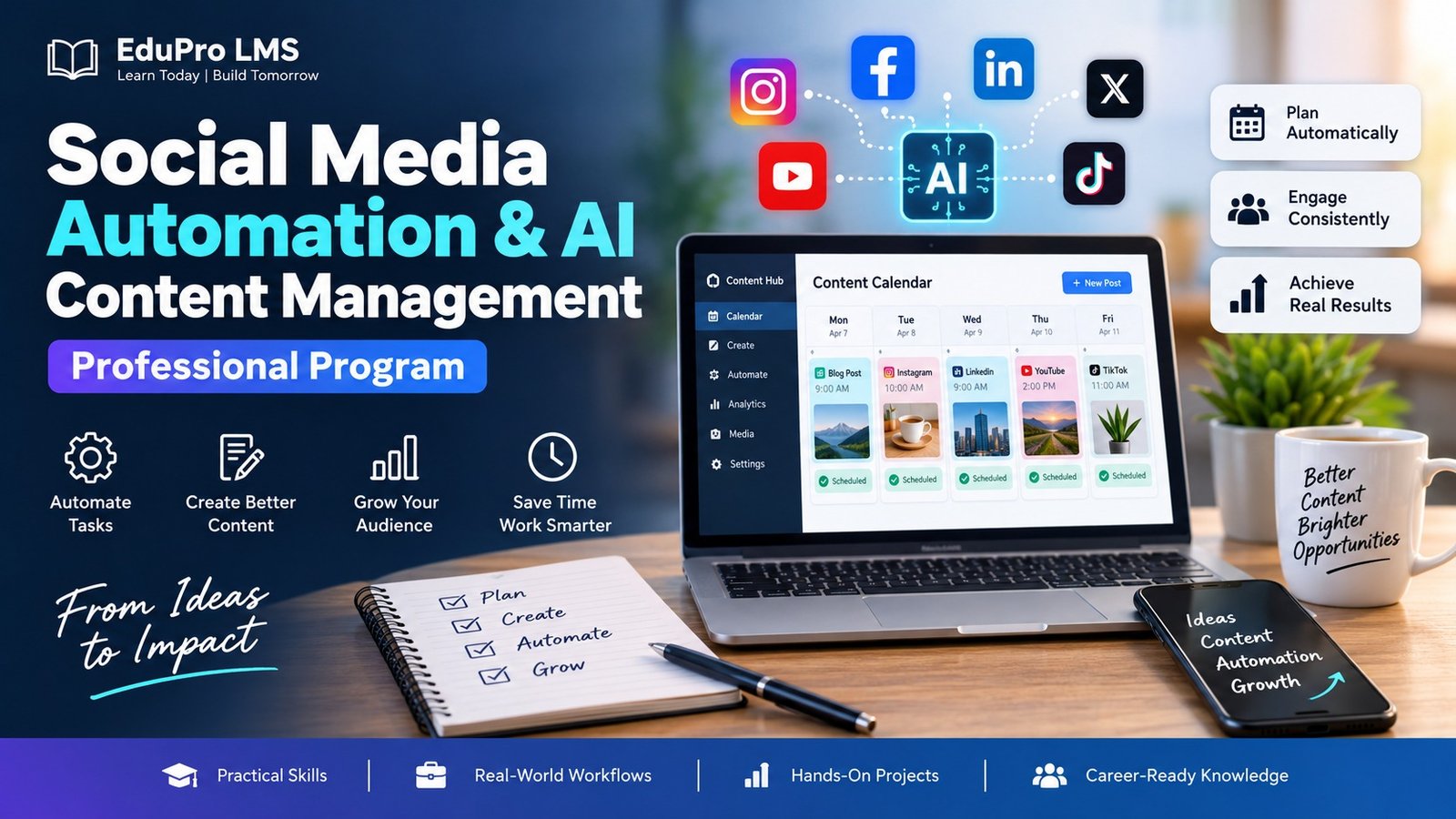 Professional social media automation and AI content management course cover