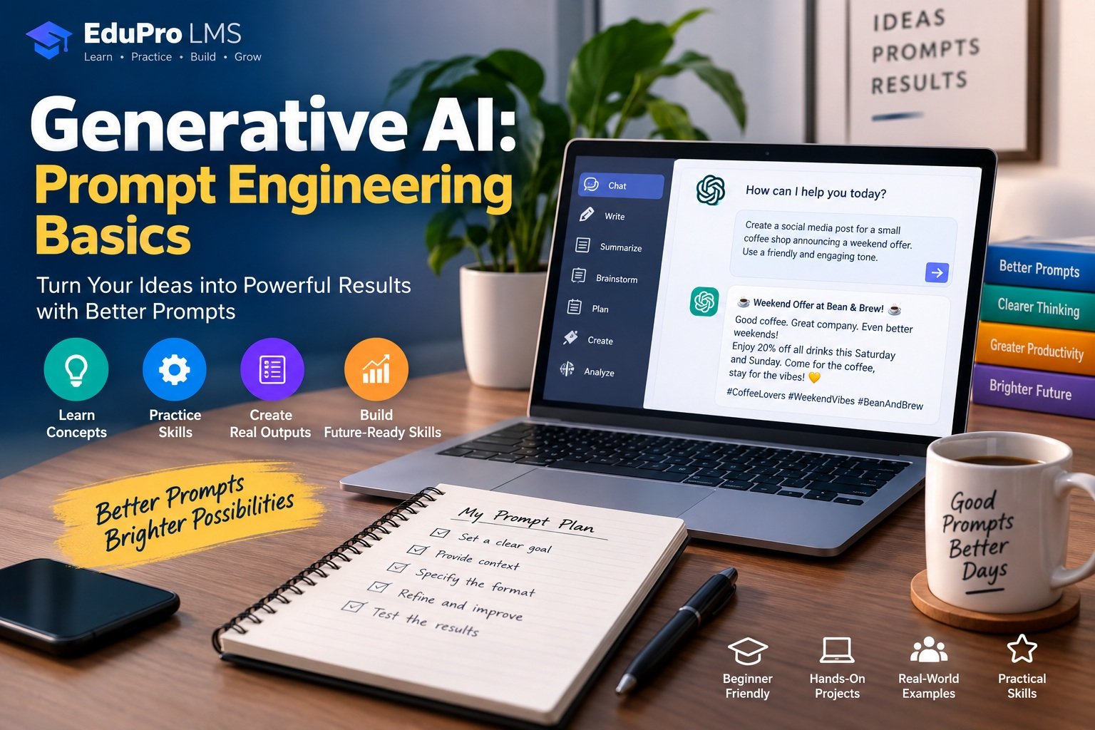EduPro LMS course cover for Generative AI: Prompt Engineering Basics showing a laptop with an AI chat example, prompt planning notebook and learning badges.