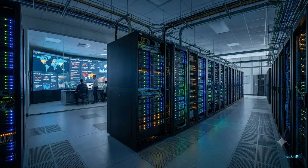Ultra-realistic photograph of a modern enterprise data center featuring illuminated server racks and a security operations center displaying real-time cybersecurity analytics.