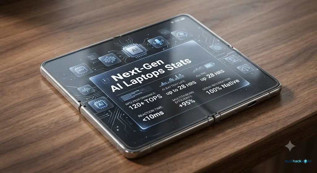 Close-up macro shot of a next-generation foldable glass smartphone on a walnut desk displaying an intricate AI interface dashboard.