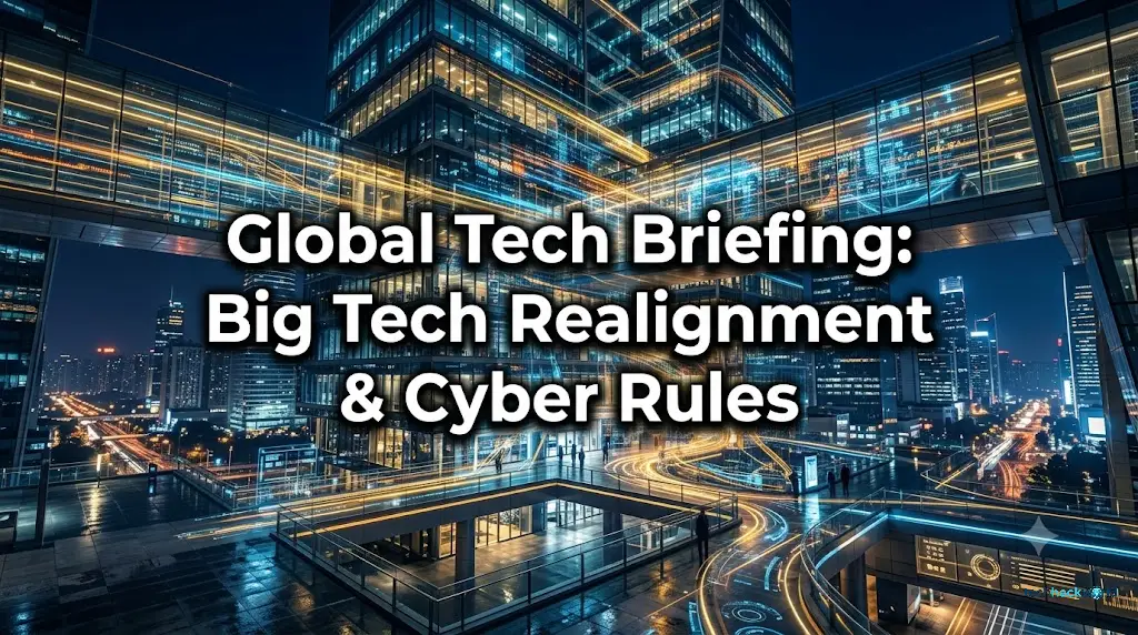 Cinematic wide-angle view of a futuristic global technology headquarters with glowing data streams and gold lighting, symbolizing AI and cyber networks.