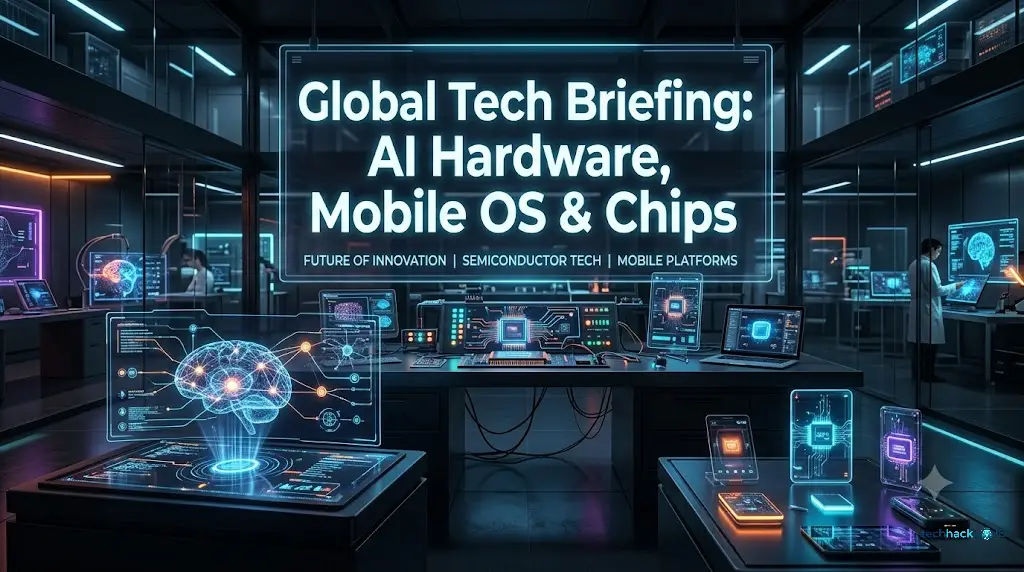 Futuristic neon-lit technology hub featuring glowing silicon processor microchips and holographic neural network nodes in a modern laboratory.