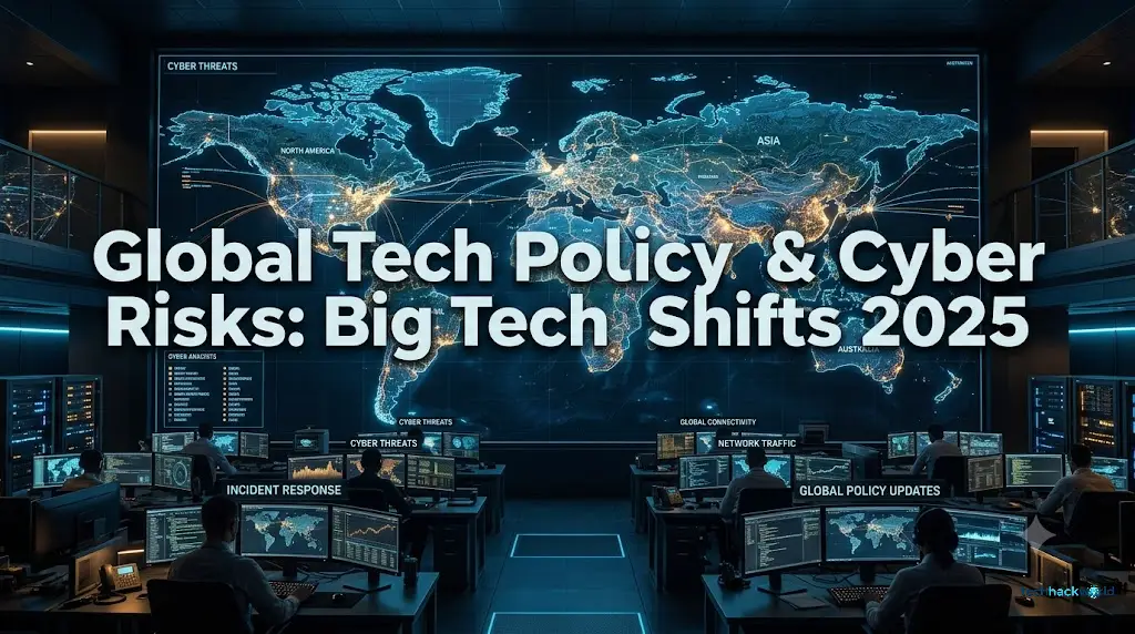 Cinematic wide-angle shot of a futuristic global technology control room with glowing holographic maps and data flows representing worldwide cyber risks and tech policy shifts.