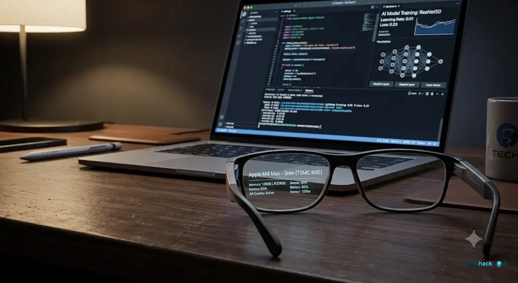 Close-up photorealistic shot of an advanced smart glass frame resting on a dark walnut desk next to an ultra-thin laptop displaying a modern AI interface and code development terminal.