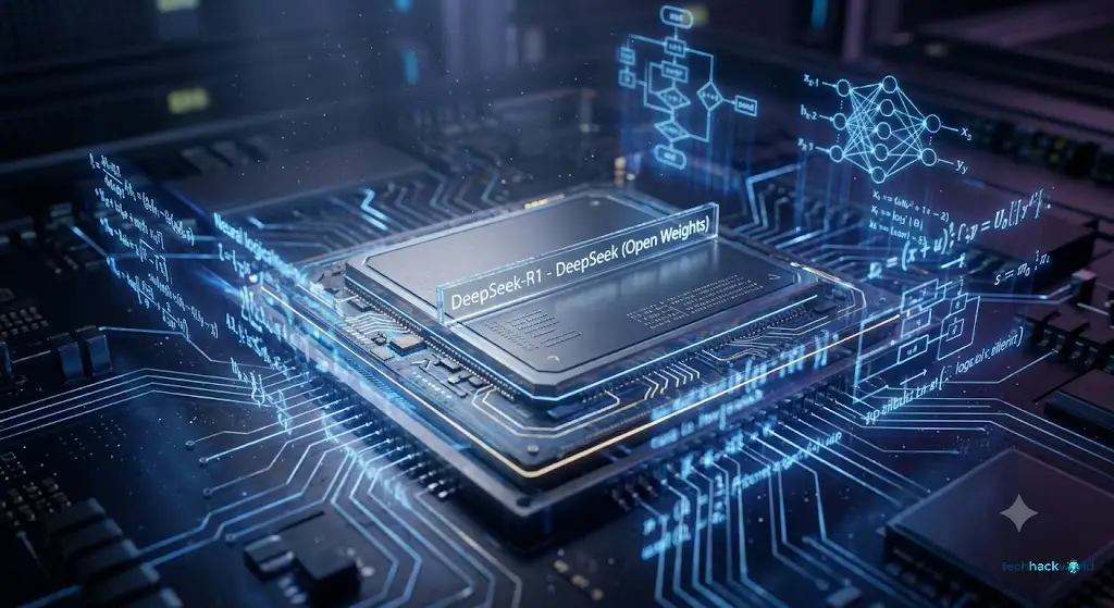 Macro shot of a silicon AI accelerator chip emitting blue holographic data streams forming mathematical equations and logic nodes.