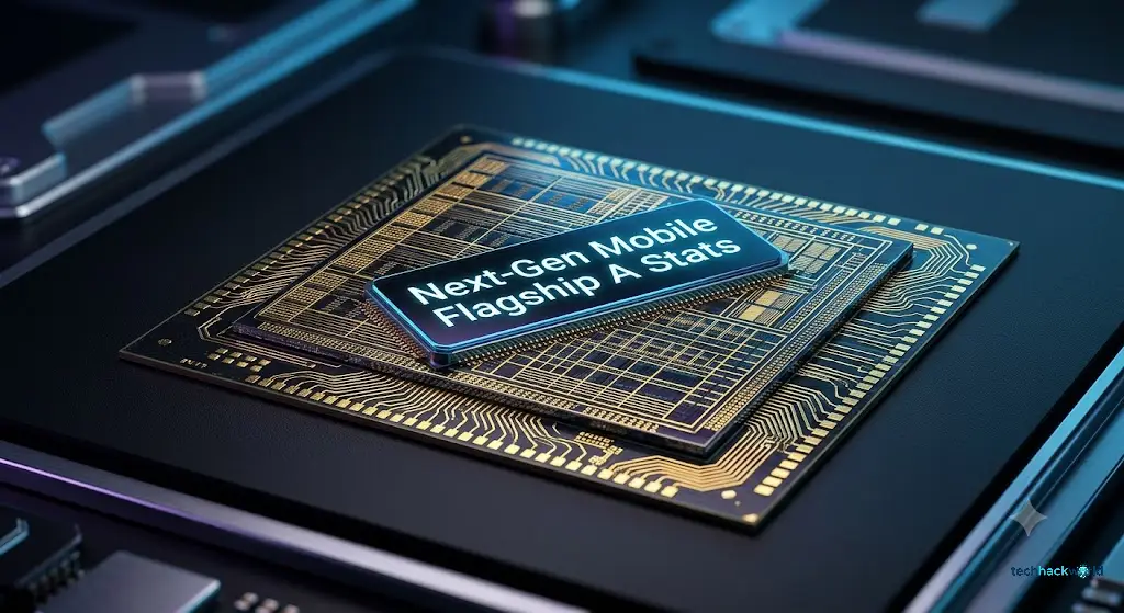 Macro close-up of a next-generation mobile silicon chip on a matte black workbench with intricate golden circuits under neon blue lighting.